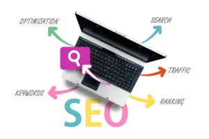 laptop with the words SEO around it indicating our SEO optimization