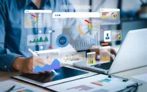 man looking at screen displaying charts and graphs indicating data driven copywriting to boost visibility online